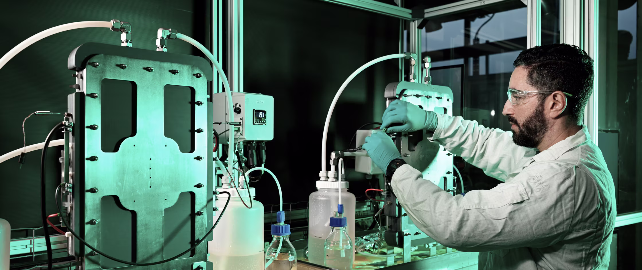 Researcher testing an electrolyser cell in the Alquion lab