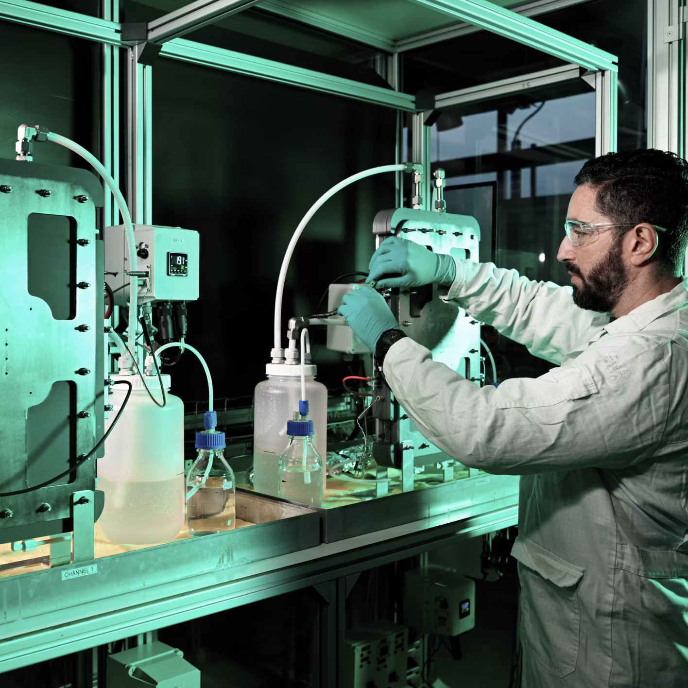 Researcher testing an electrolyser cell in the Alquion lab